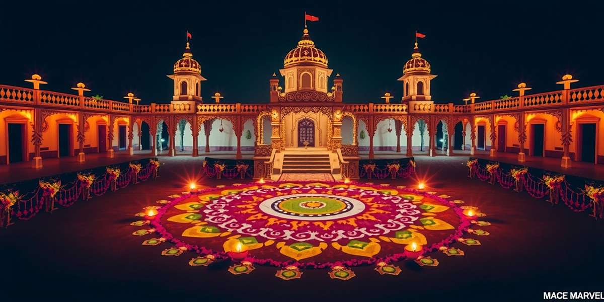 Mace Marvel Maharaja Diwali celebration showing a palace decorated with lights and rangoli